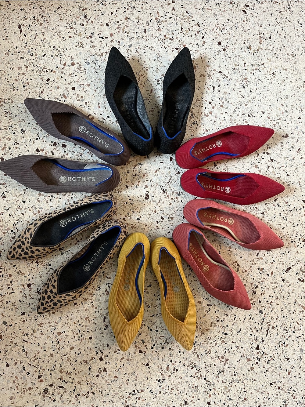 Rothy's Pointed Toe Flats in Mink (Charcoal Gray) with Blue Trim - Picture 2 of 3
